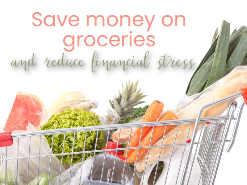 An image of a grocery cart filled with various food items. The cart is parked in front of shelves stocked with canned goods and boxed items. The image represents saving money on groceries by choosing budget-friendly options and planning meals ahead of time.