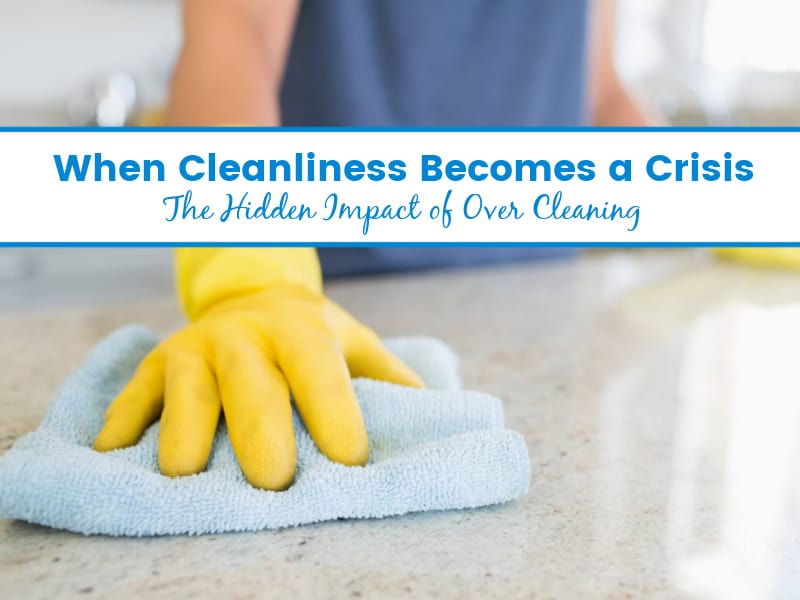 "A stressed woman obsessively cleaning a kitchen countertop, depicting the concept of over cleaning."